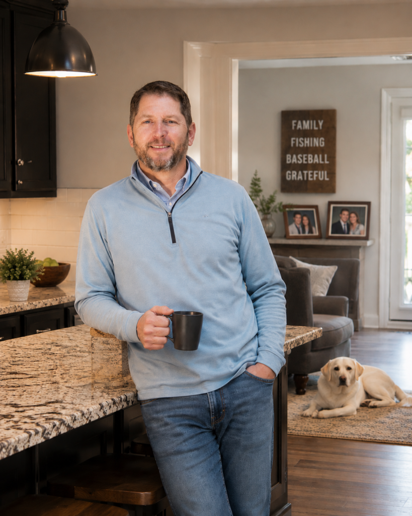 John Walowac leaning against the kitchen island with dog in the background