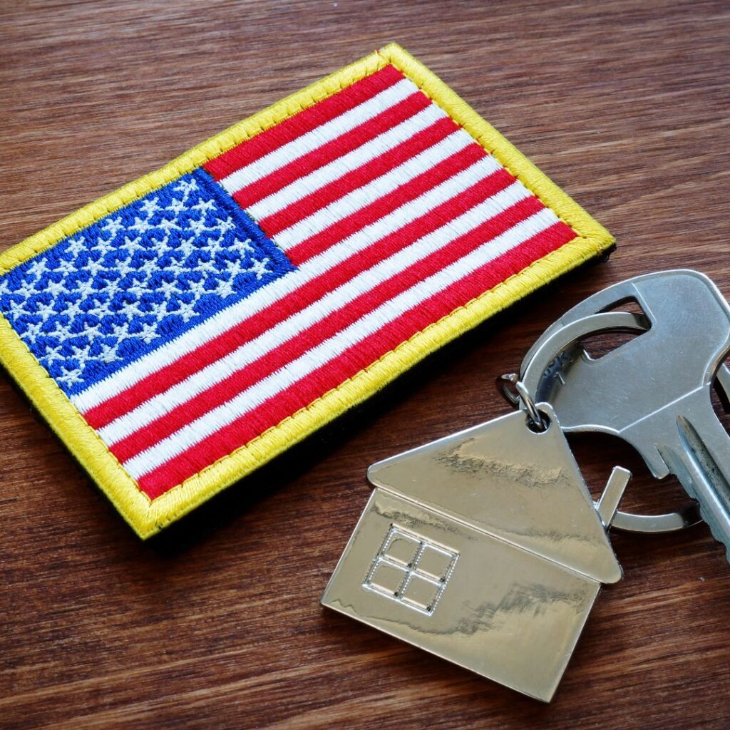 VA Home Loans - US flag patch and keychain with silver house